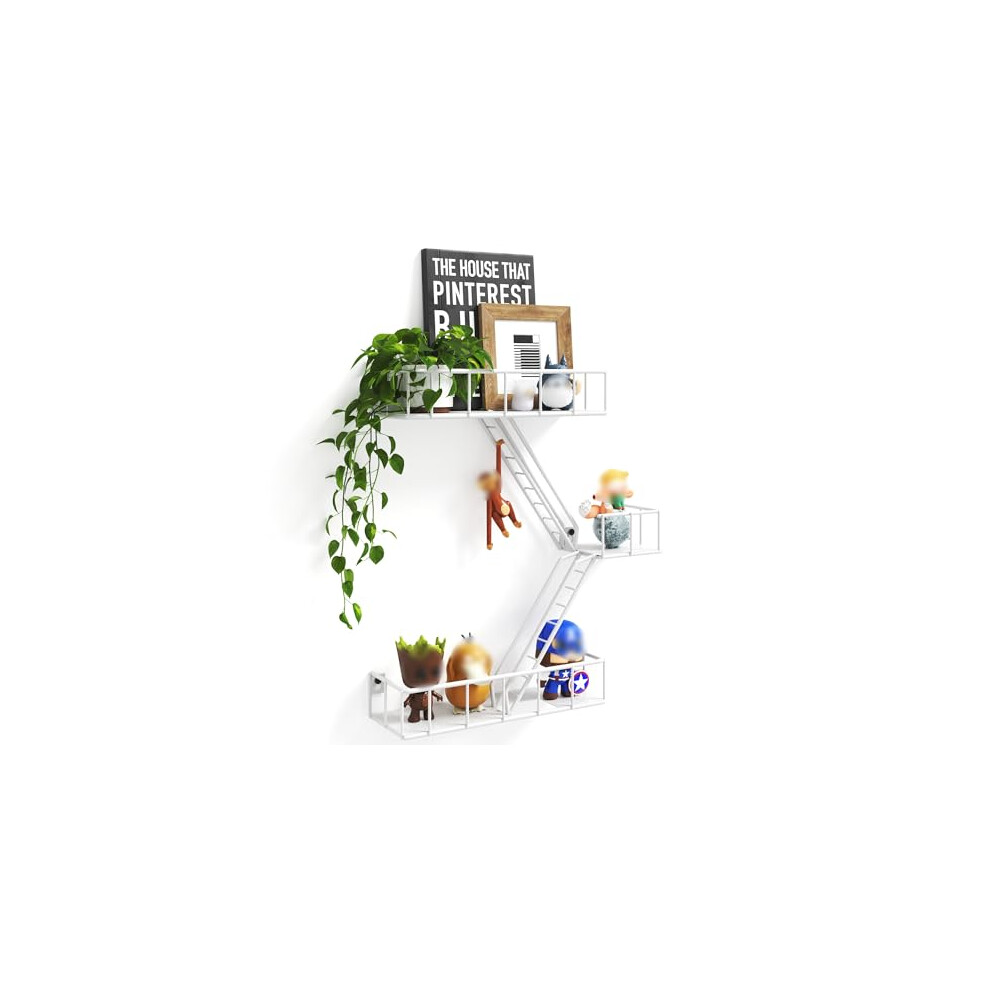 Fire Escape Wall Shelf With Baskets, 3-Tier Metal Ladder Organizer, New York Inspired Decorative Shelf, White Floating Action Figurine Display 658360936172