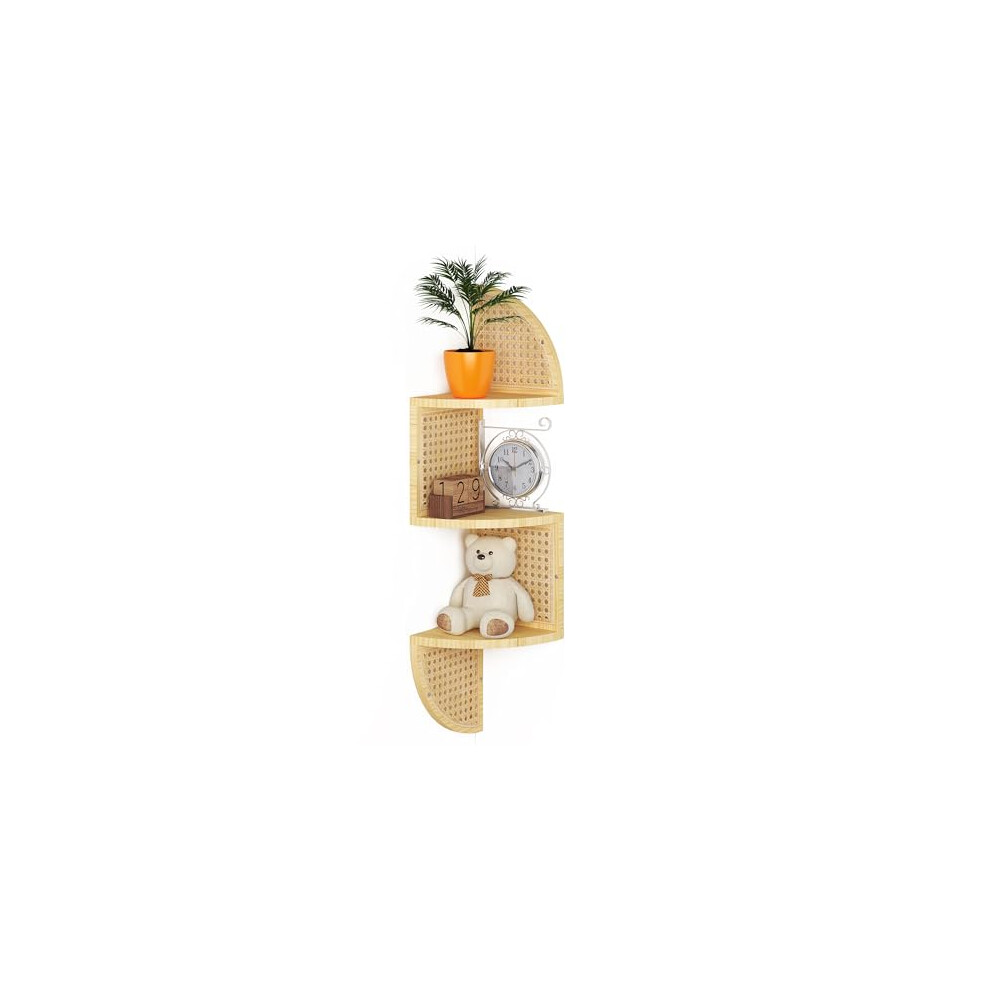 Wopitmer 3-Tier Corner Shelf - Wooden Rattan Wall Mounted, Zig Zag Hanging Shelves For Bedroom, Living Room & Bathroom 658360936738
