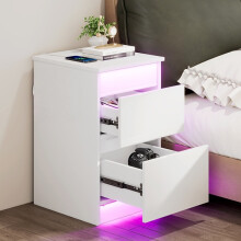 2-Drawer Flip Top Bedside Cabinet Bluetooth LED Sideboard with 2AC 2USB Charging Port UK Plug White