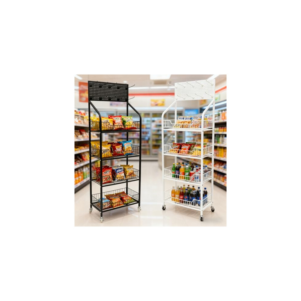 Chynalys 4-Tier Retail Display Stand Freestanding Metal Shelving Unit With Wheels & Hooks, Crisp Storage & Snack Organiser, Market Stall Display For 756722497474