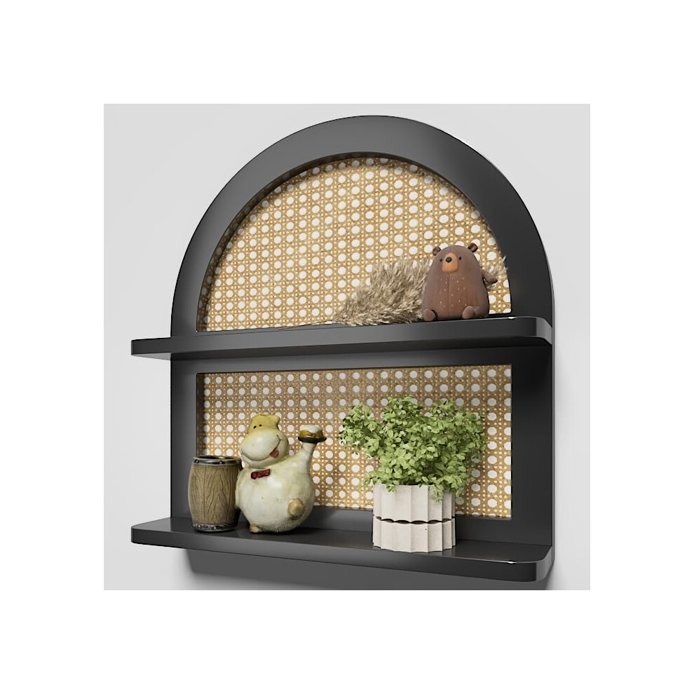 Wood Boho Rattan Wall Shelf - 2-Tier Arched Wicker Floating Shelf Black Wood New Boho Shelf, Rustic Farmhouse Nursery Decor Shelves Wall Mounted, 658360936561