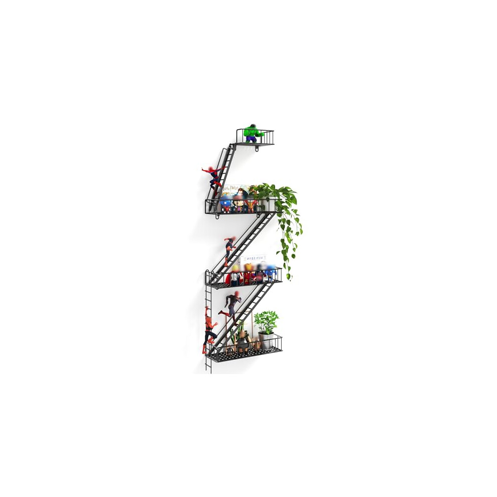 Beskadi Fire Escape Wall Shelf - 4 Tier Metal Black Fire Escape Shelf With Baskets, New York Action Figurine Display Shelf, Cool Lader Shelf Wall 635403290798