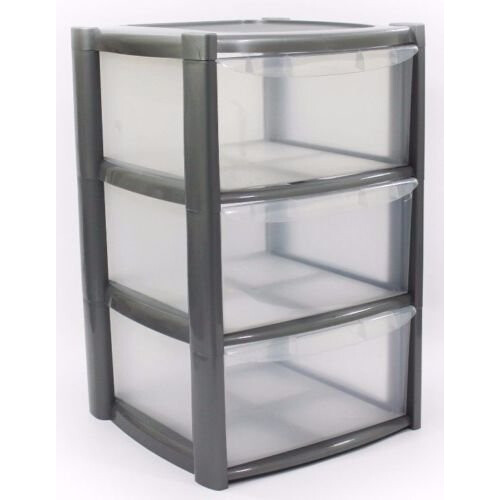 Plastic Storage Drawers - Large - 3 Drawers (Silver)
