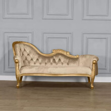White Star Chaise Longue, French Louis XV Lounge - Gold Frame with Gold sand Upholstery