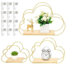 aleawol 3pcs Gold Cloud Floating Shelves with Invisible Nails, Metal Frame Display Shelf with Wood Base, Wall Mounted Hanging Shelf Decorations for