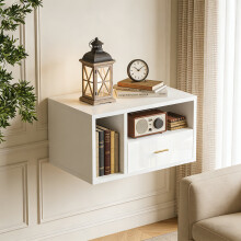Wall Mounted Bedside Cabinet LED Floating Nightstand Single Drawer Open Shelf 1AC 2USB Charging UK Plug White