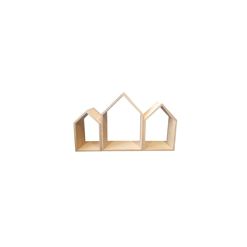 Wooden World - Wooden Shelves Shelf Plain Wall Hang Shape Of House Pine Wood Set Of 3 5904830003697
