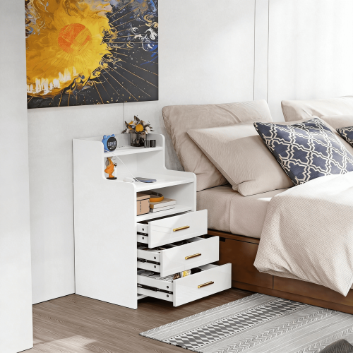 3-Drawer Multi-layer Wooden Nightstand LED Bedside Side Table with 2AC 2USB Charging Socket UK Plug White 1
