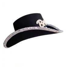 Sparkling Sequined Trim Bride Cowboy Cap Sequined Trim-Black