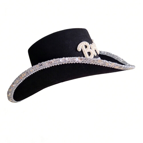 Sparkling Sequined Trim Bride Cowboy Cap Sequined Trim-Black