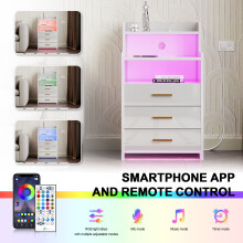 3-Drawer Multi-layer Wooden Nightstand LED Bedside Side Table with 2AC 2USB Charging Socket UK Plug White