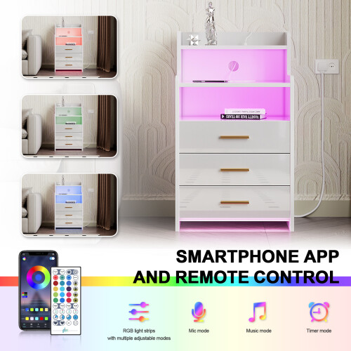 3-Drawer Multi-layer Wooden Nightstand LED Bedside Side Table with 2AC 2USB Charging Socket UK Plug White
