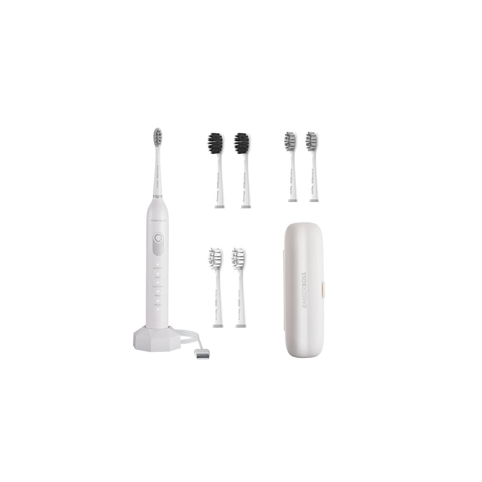 Barberboss White Electric Toothbrush, Sonic Toothbrush, 5 Brushing Modes, 6 Brush Heads, Pressure Sensor, Smart Timer, And Travel Case,