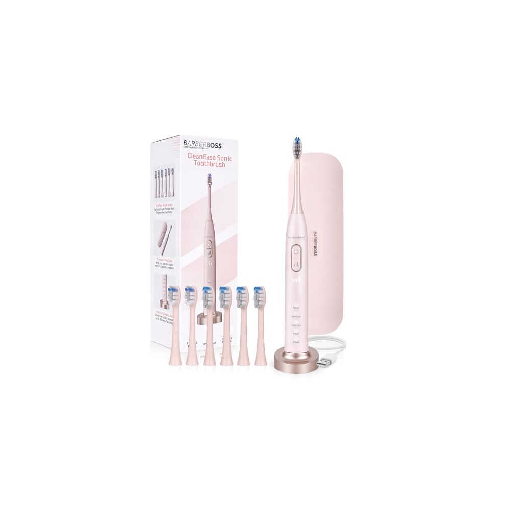 Barberboss Pink Sonic Electric Toothbrush For Adults, Ipx8 Waterproof Rechargeable Toothbrush, Usb Charging Base, 5 Cleaning Modes 3 Intensities,