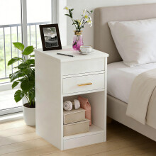 Single Drawer Flip Top Wooden Bedside Cabinet Open Shelf Nightstand with 2AC 2USB Charging Light UK Plug White