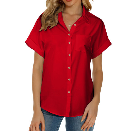 Women's short-sleeved polo shirt, button-down collar,-Red S