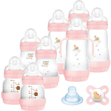 MAM Set of 8 Easy Anti-Colic Bottles with Skinsoft Silicone Teat, 1 Start Nano Soother, 1 Extra Soft Spout and Handles, Pink