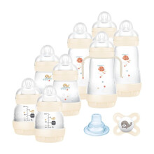 Mam Bottle Set, 8 Bottles in 130 Ml, 160 Ml and 260 Ml Sizes, 1 Start Nanò Pacifier, 4 Diskettes, 1 Soft Spout and Handles, Color Beige - 730 G, 14.2