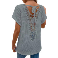 Women's Tie Back Contrast Lace V Neck Dolman Sleeve-Gray XL