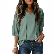 Women Blouses Dressy Casual V Neck 3/4 Length-Light Green S