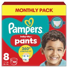 Pampers Baby-Dry Nappy Pants Size 8, 117 Nappies, 17kg+, Monthly Pack, 360? Fit To Help Prevent Gaps And Leaks