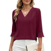 Blouses for Women Casual 3/4 Length Sleeve Tops V Neck-Red XL