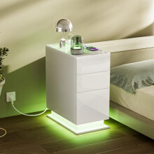 3-Drawer LED Bedside Table Wooden Cabinet with UK Plug 2AC 2USB Charging Socket Bedroom White