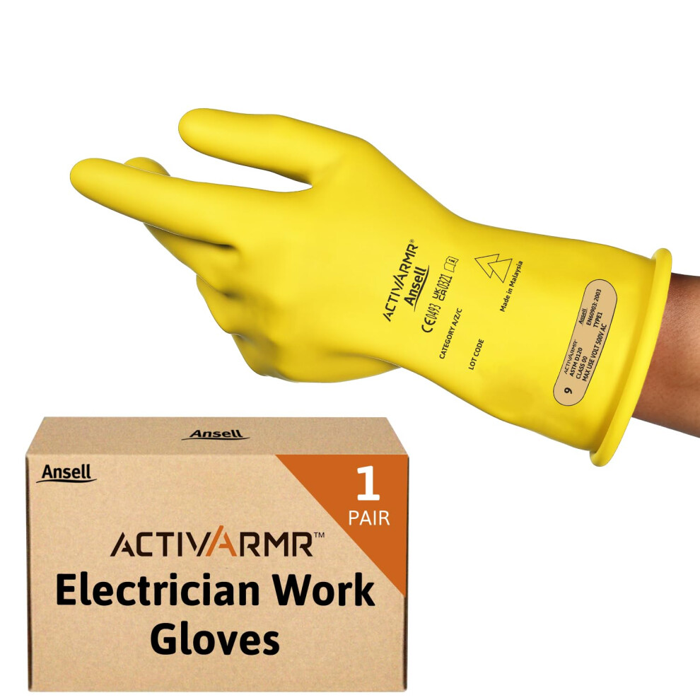 Photos - Safety Equipment Ansell ActivArmr Electrician Work Gloves, Electrical Protection Class 00 , Insulating Natural Rubber Latex Gloves, Ind (500V)