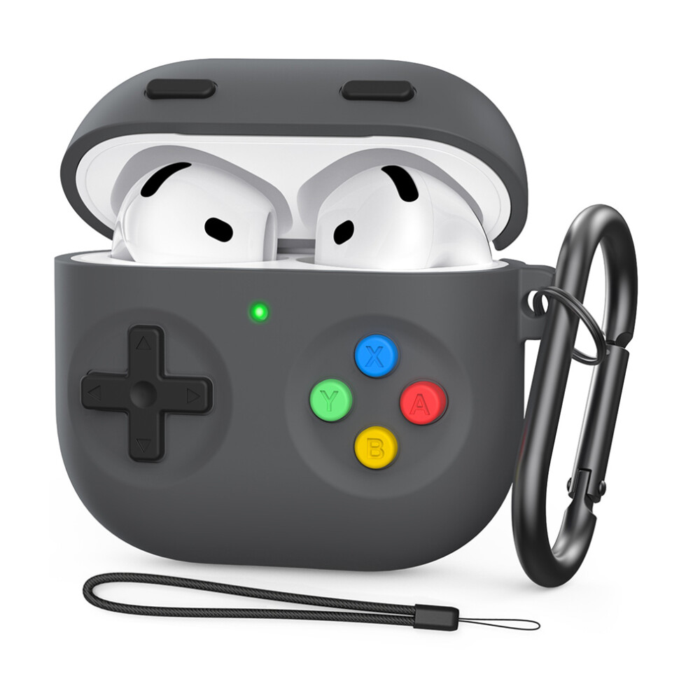( Grey) Ahastyle Pt-Dd10 For Airpods 4 Silicone Case Game Console Design Split Protective Cover With Carabiner / Strap Dark/Grey 6914299147886