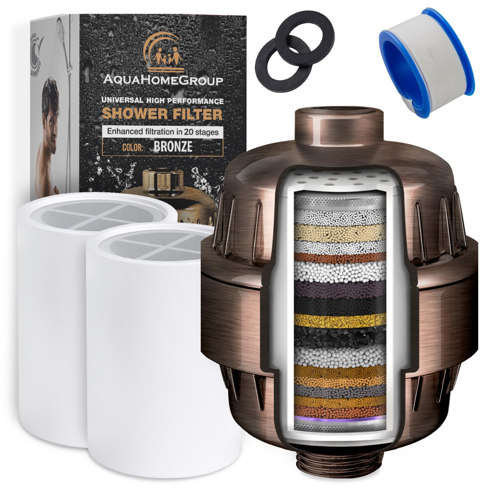 Aquahomegroup 20 Stage Shower Filter With Vitamin C E For Hard Water - High Output Shower Water Filter To Remove Chlorine And Fluoride - 2 Cartridges 850081997054