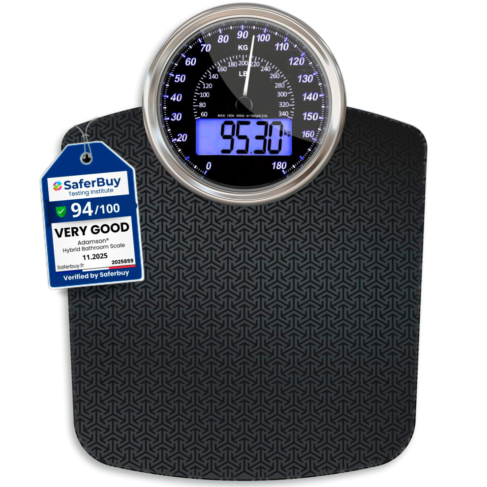 Adamson Hybrid 2-In-1 Analog & Digital Weighing Scale For Body Weight Up To 180Kg - Thick Tempered Glass - Extra Large Display - Easy To Read Digital