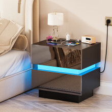 2-Drawer LED Wooden Bedside Cabinet Charging Nightstand with 2AC 2USB Ports UK Plug Black