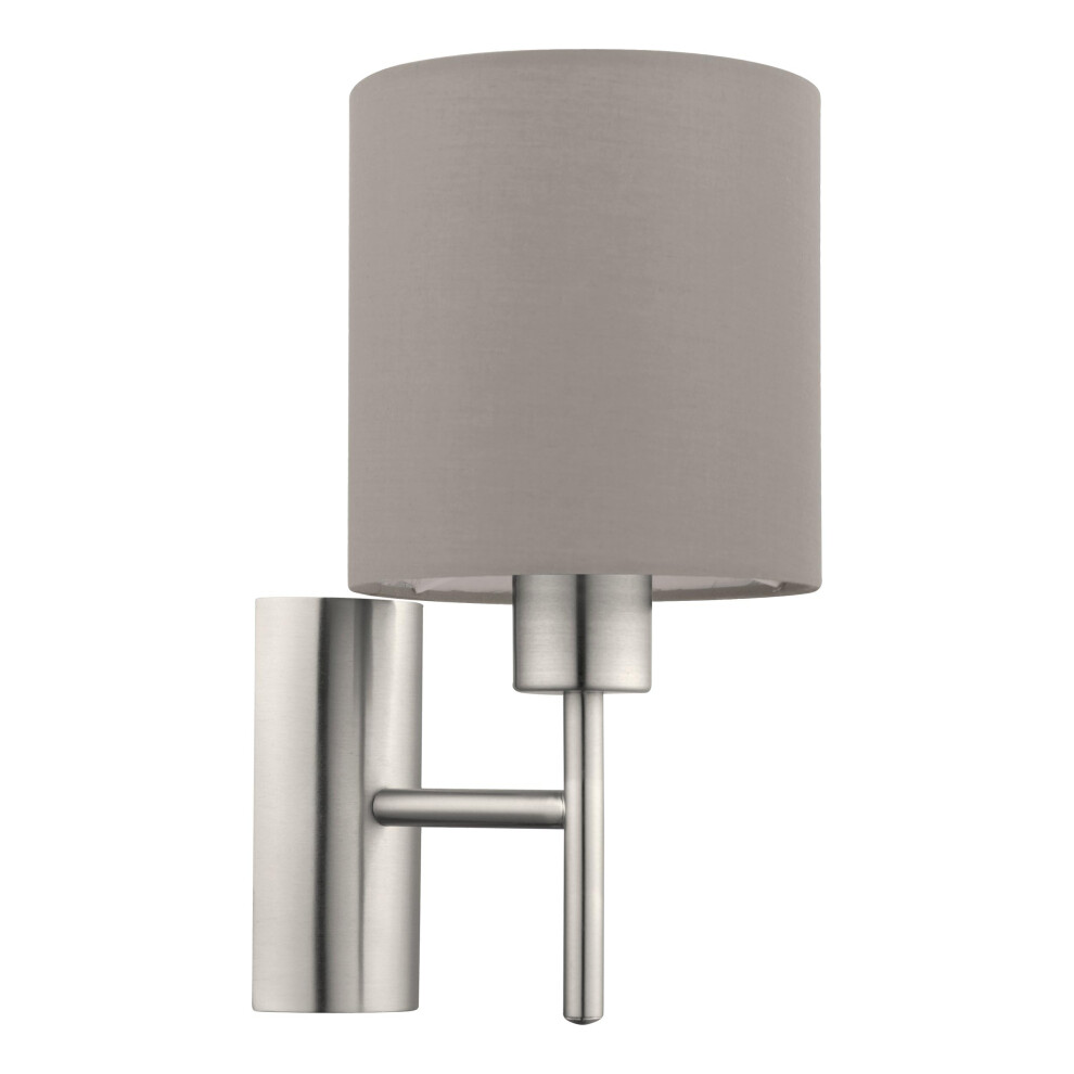 Eglo Pasteri Indoor Wall Nickel Matt Steel And Taupe Fabric Lamp, Living Room And Hallway Wall Ing, E27 Socket Light
