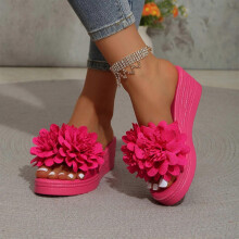 Hot Pink Floral Peep Toe Wedge Sandals for Women, PU, 5.5cm Heel, Size 39 EU/7 US, Lightweight 0.64 lbs