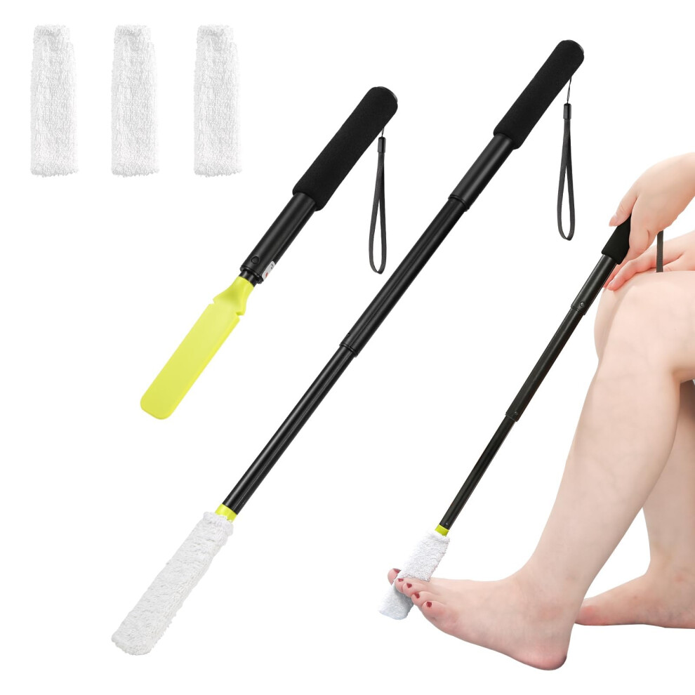 Fanwer Toe Cleaning Brush,Foot Brush With Reusable Drying Covers.foot Scrubber With Telescopic Aluminum Alloy 12"-24",Long- Handled Toe Lotion Applic