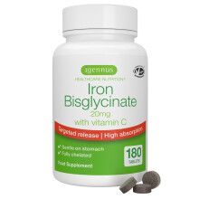 Igennus Chelated Iron Bisglycinate 20mg with Vitamin C, 180 Tablets, 6 Month Supply, Clean Label, Gentle Formula & Targeted Release, One Daily, for W
