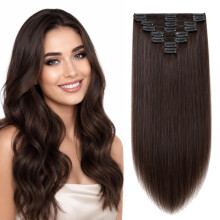 Elailite Double Weft Clip in Human Hair Extensions Remy Real Hair #2 Dark Brown Full Head Thick Straight 18 Inch -140g