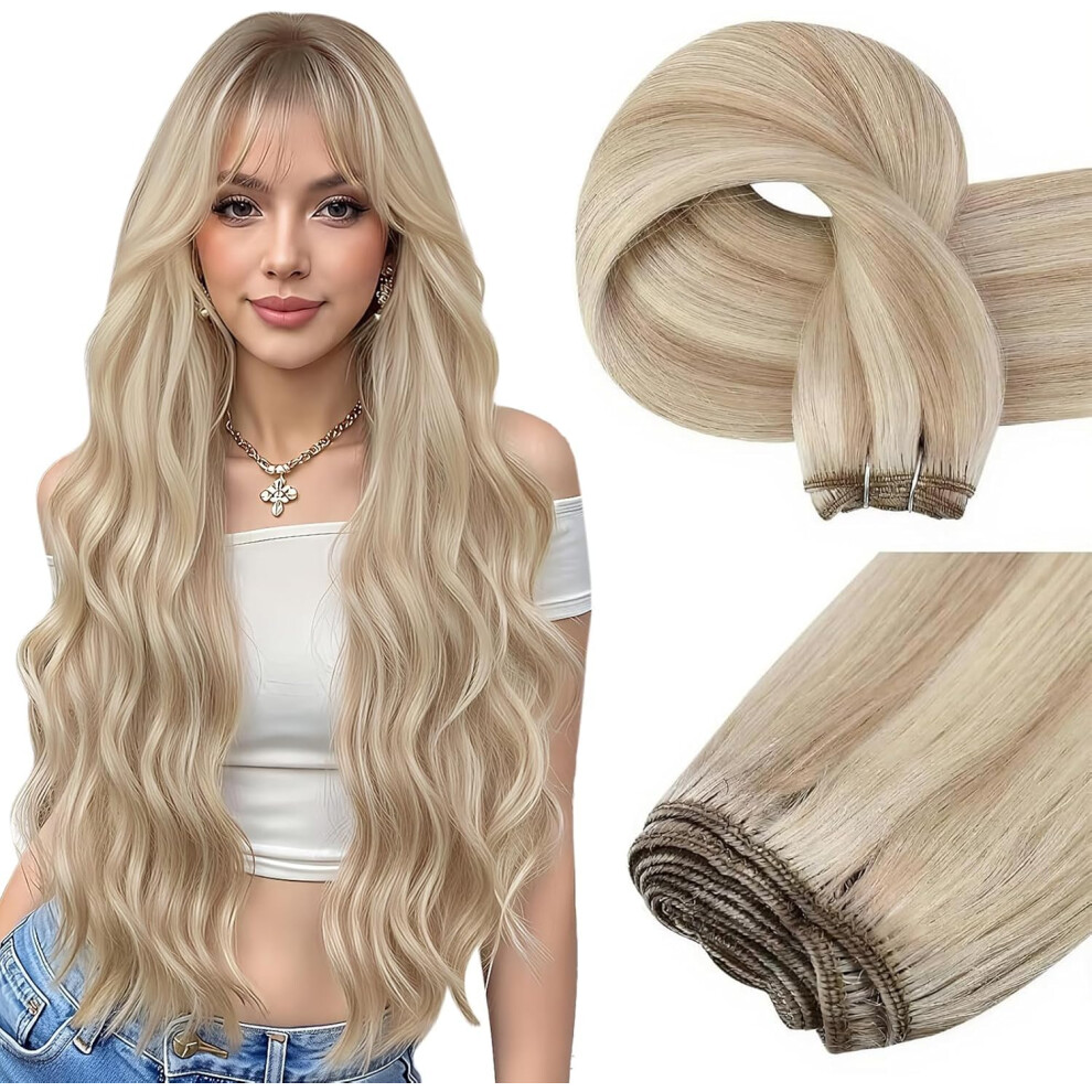 Easyouth Unisex Blonde Weft Human Hair Extensions Ash Blonde Highlight Sew In Hair Extensions Real Remy Weft Hair Extensions 18 Inch 100G