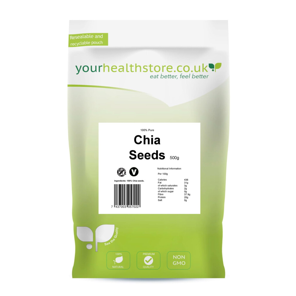 Yourhealthstore Raw Chia Seeds 500G, 100% Natural, Vegan, High In Fibre, Gluten Free, (Resealable And Recyclable Pouch) 75298258