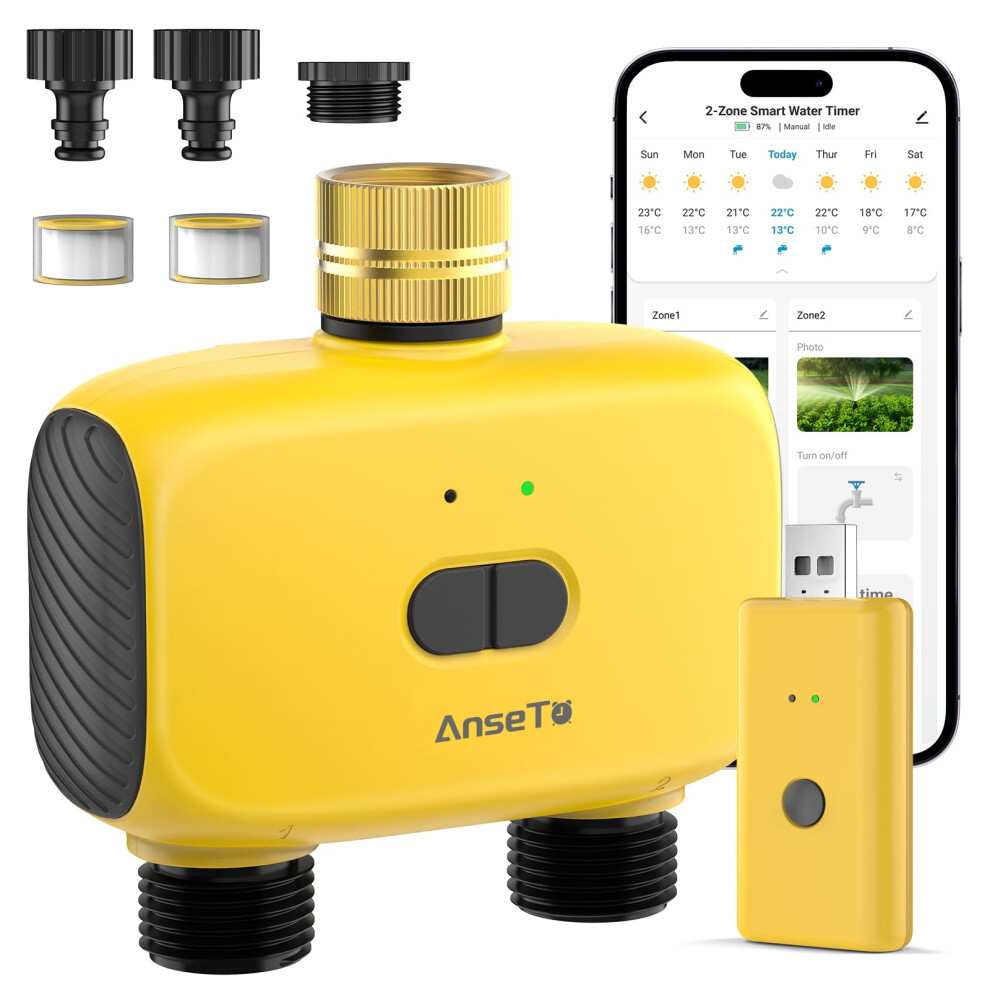 Anseto Dual Port Wifi Water Timer Irrigation, 2026 Latest Garden Greenhouse Water Timer, Wifi Remote Controlled Automatic W Yellow 66415725