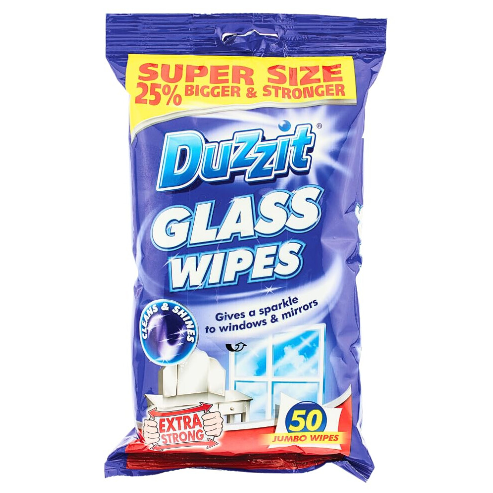 Duzzit Glass Wipes - Cleans & Shines (50 Jumbo Wipes)