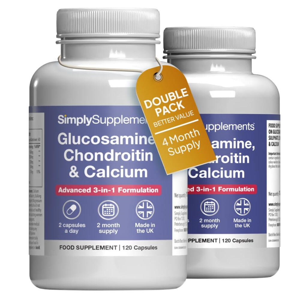 Simply Supplements Glucosamine, Chondroitin & Calcium Supplement | Supports Bone & Muscle | 2Kcl Glucosamine Sulphate & Chondroitin Sulphate | 240 Capsules = 4-Month Sup