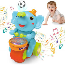 (BLUE) Baby Crawling Toy: Electronic Walking Elephant Drummer with Floating Ball, LED Lights, Music & Sounds, Interactive Sensory Toy