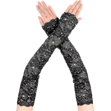 Rhinestone Lace Fingerless Long Gloves for Women in Black