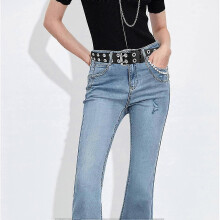 (Fit for waist up to 33in, Style 5) Macoking Grommet Leather Belts For Women, Black Belt Women Men With Double Studded Holes