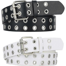(Fit for waist up to 37in, Style 4) Macoking Grommet Leather Belts For Women, Black Belt Women Men With Double Studded Holes