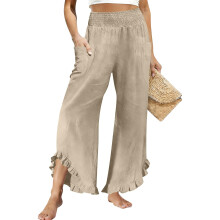 Pantalon de Lino para Mujer Cropped Linen Pants Women-Khaki L