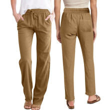 Linen Cotton Pants For Women Loose Elastic Waist-Camel XL