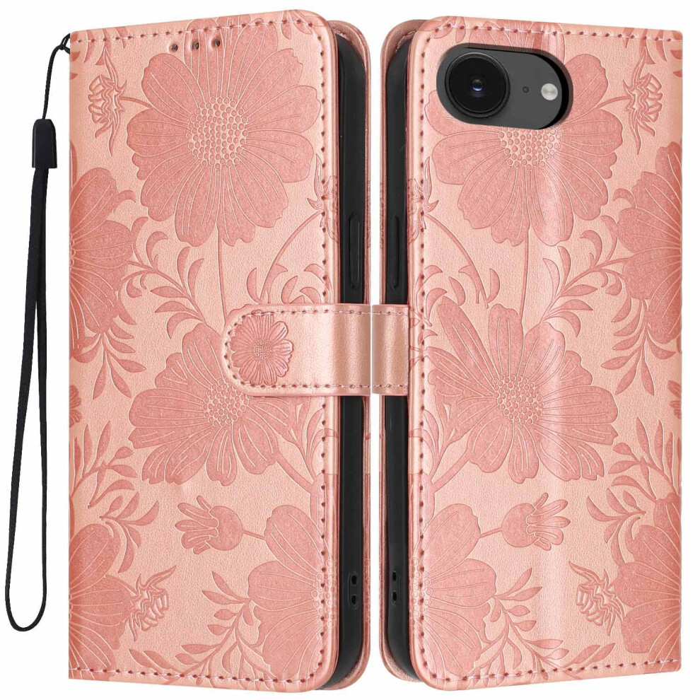 (Rose ) Wallet Case For Iphone 17E / 16E Imprint Floral Pu Leather Stand Flip Phone Cover With Wrist Strap Gold 6914298595336