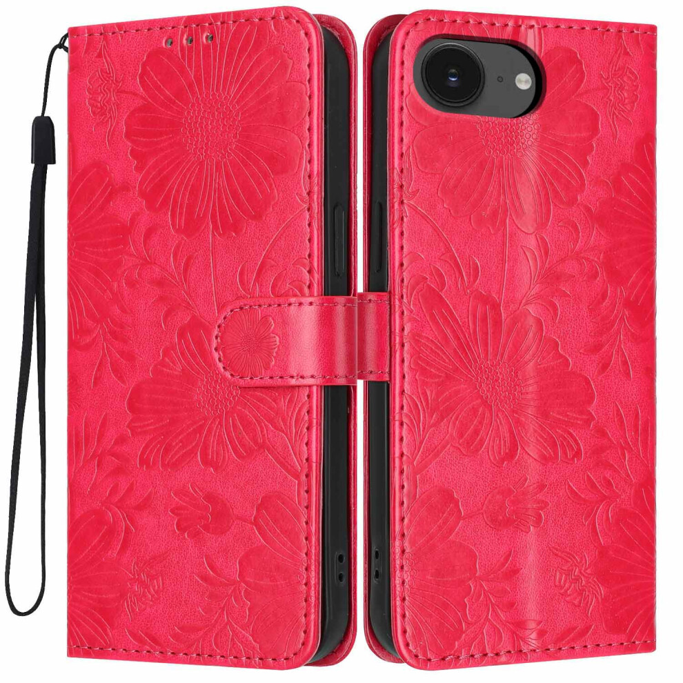 (Red) Wallet Case For Iphone 17E / 16E Imprint Floral Pu Leather Stand Flip Phone Cover With Wrist Strap Red 6914292698323